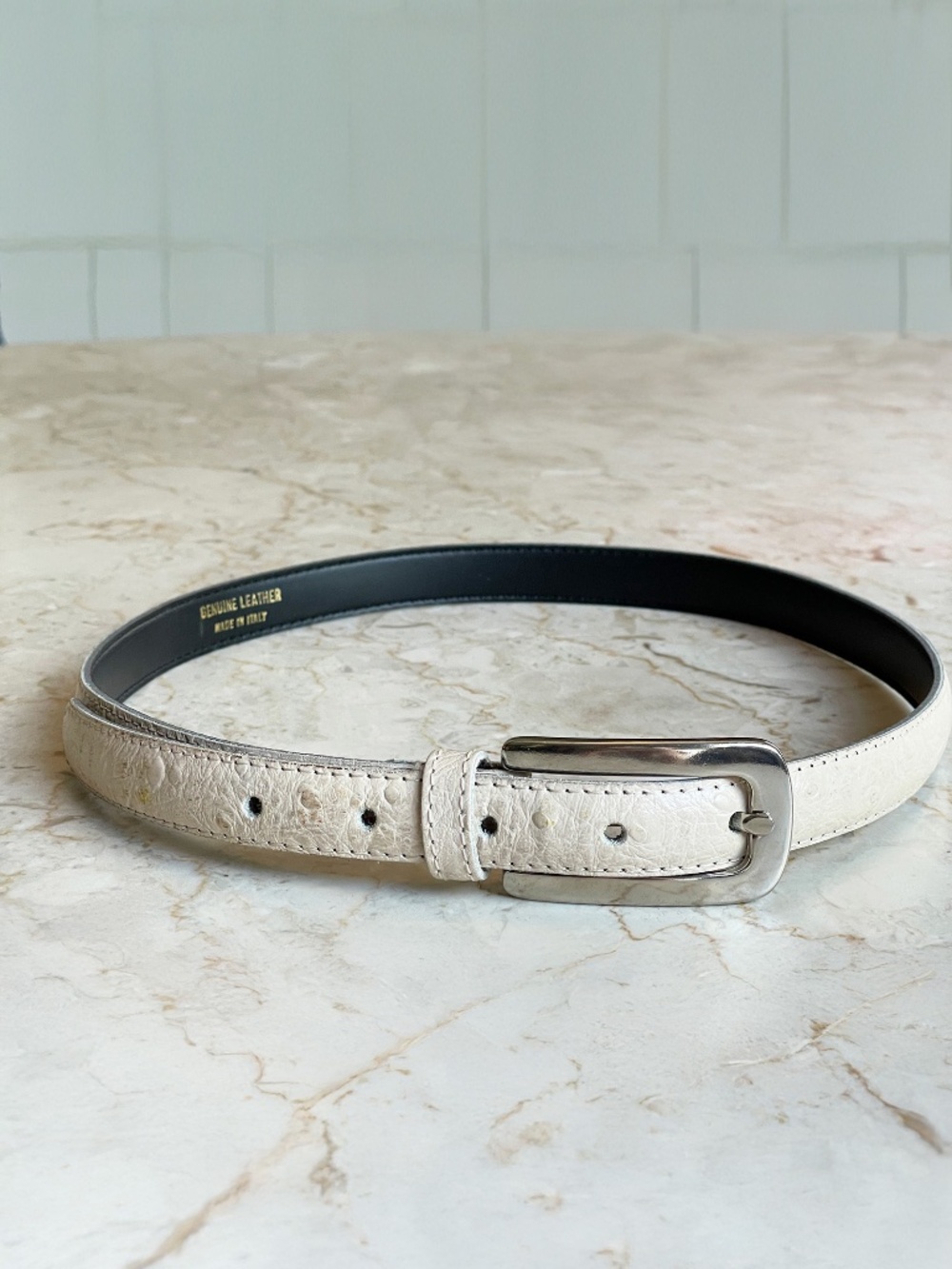 Sterling Silver Buckle Leather Belt Stamped Made in Italy Cloud Dancer Cream S